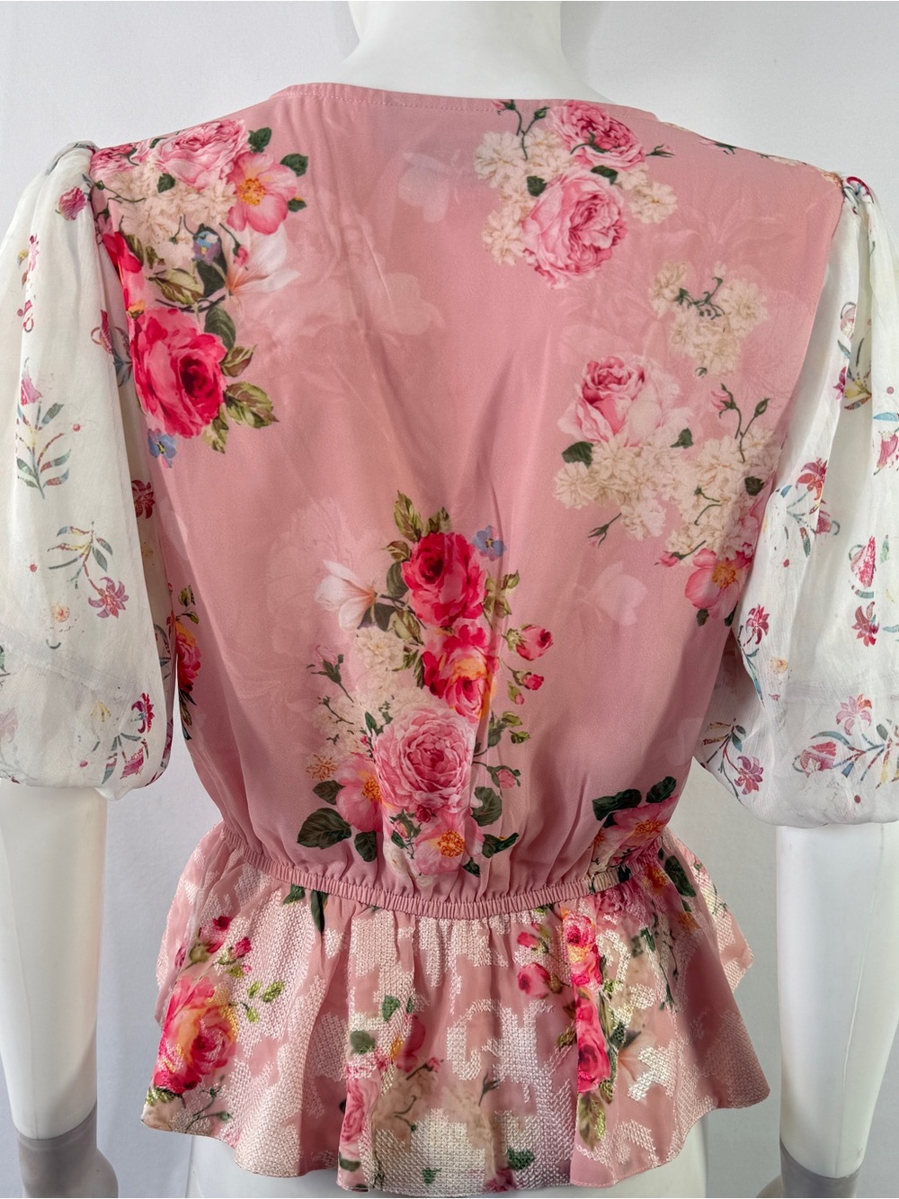 Hemant & Nandita Pink Rose Garden Floral Peplum Blouse Size S Coquette Romantic - Picture 5 of 8